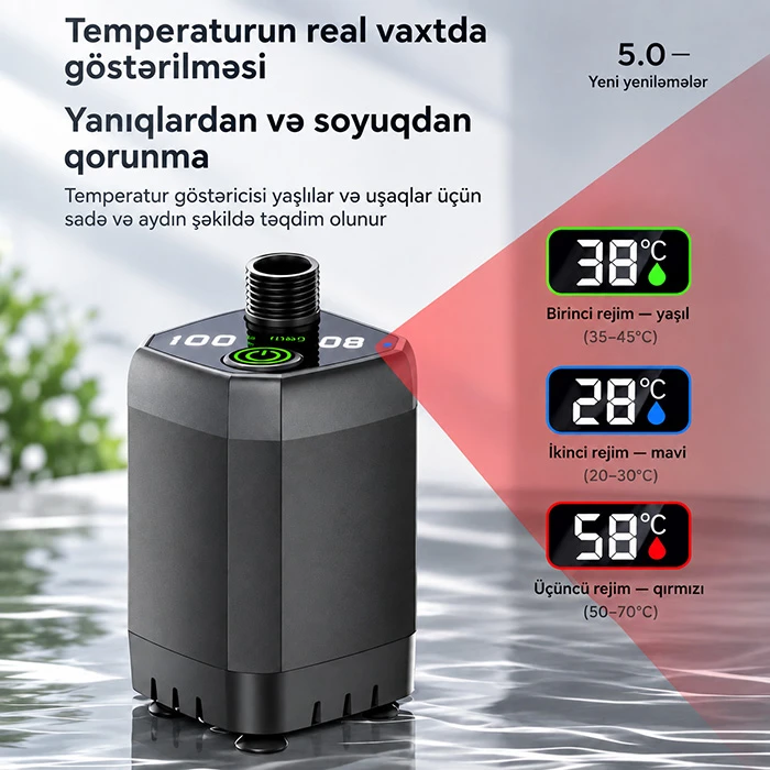 7200 mAh Güclü Akkumulyatorlu, Rəqəmsal LED Ekranlı və Temperatur Göstəricili Portativ Duş — Mallar, Bakı (4)