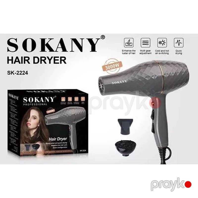 Sokany SK-2224 - Hava Feni Müxtəlif Saç Tipləri üçün Konsentrator və Diffuzorlu Saç Qurutma Maşını 3300 W Güc — Fən, Bakı (5)