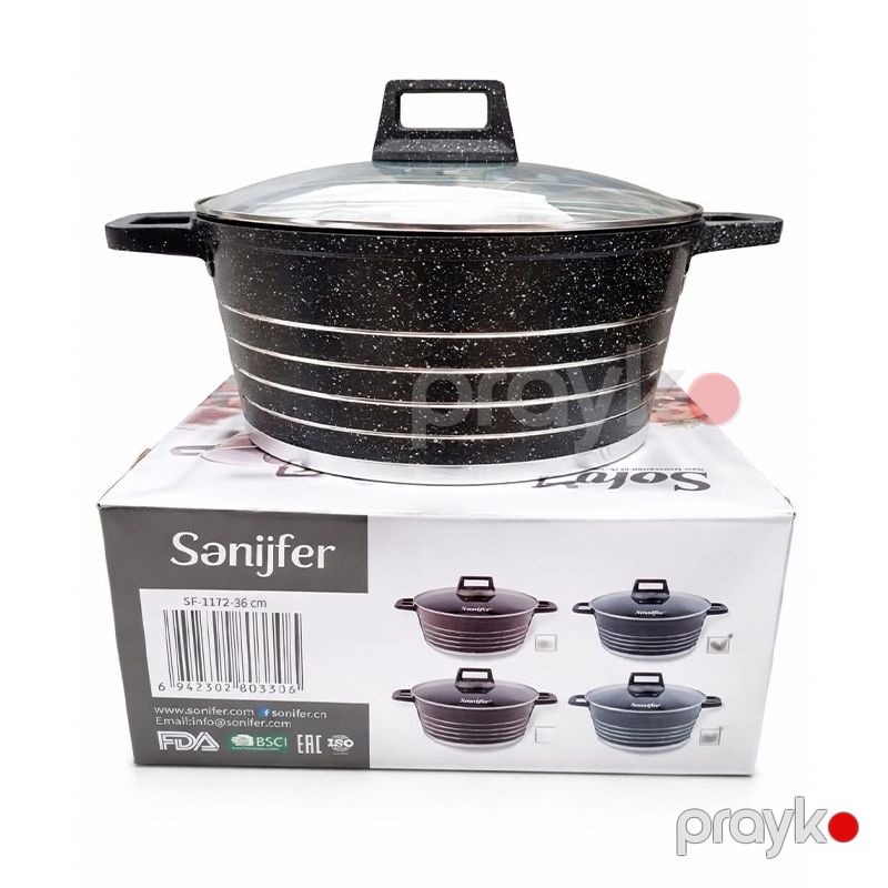 Sonifer SF-1172 - Qazan 36 sm, Aşınmaya Davamlı, Yapışmayan Qranit Qazan, Şüşə Qapaq 13 L — Qablar və mətbəx əşyaları, Bakı (2)
