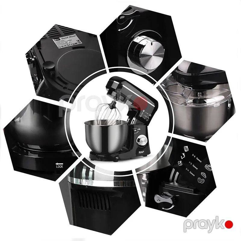 6 Sürət Səviyyəli Elektrikli Xəmir RAF Yoğurma Maşını 1100W Gücə Məxsus Böyük Tutumlu Polad Xəmir Mikseri 5.5L — Blenderlər, xırdalayanlar və mikserlər, Bakı (5)