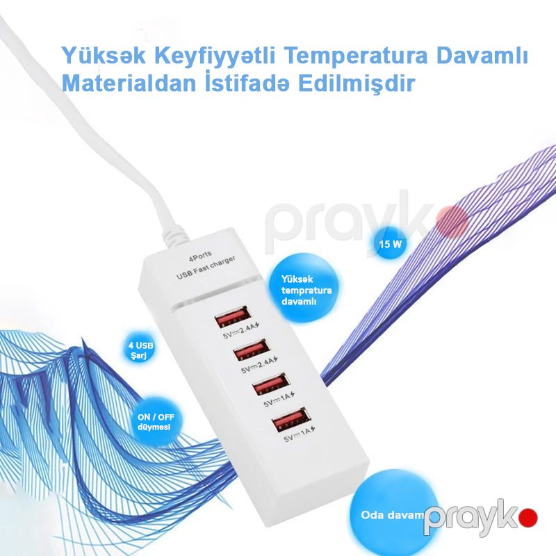 Çox Cərgəli In-line Plug Mobil Telefon Şarj Doldurma Rozetkası 4 USB Şarj Doldurma Cihazı 15W — Mallar, Bakı (8)