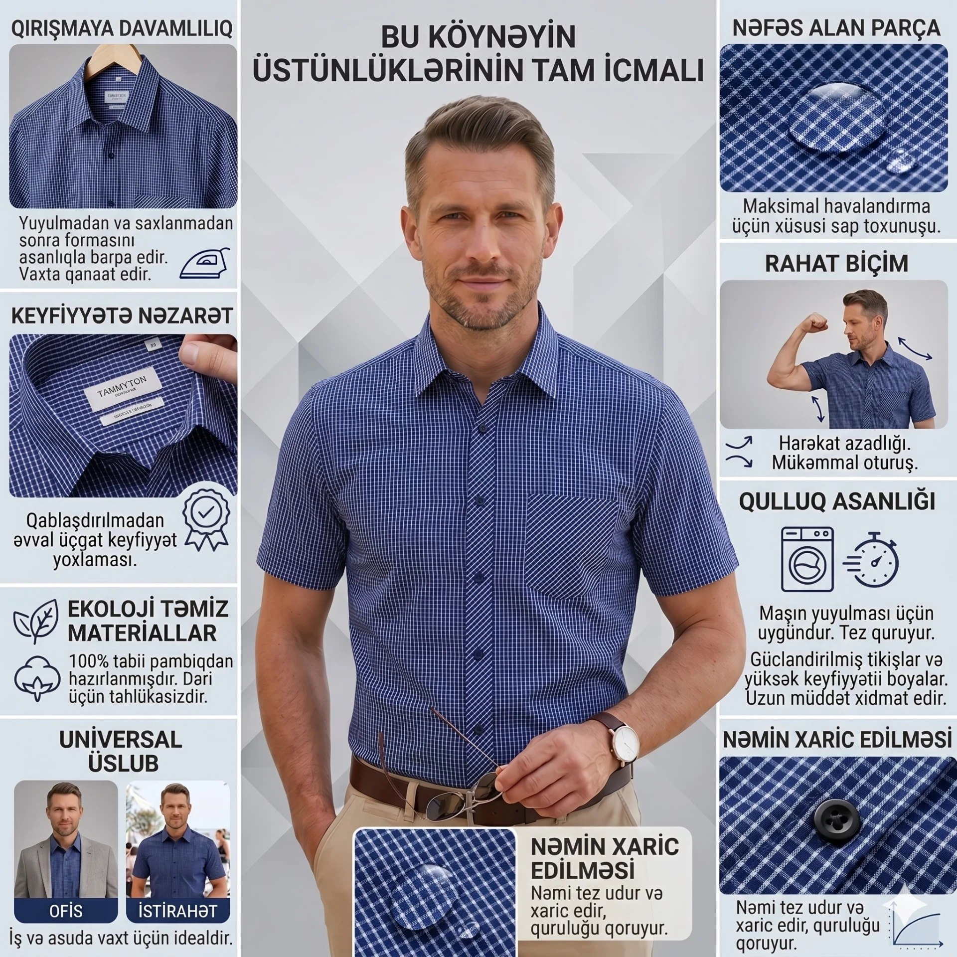 Kişi pambıq qırışmayan qısa qollu köynəyi. Klassik model — Kişi geyimi, Bakı (3)