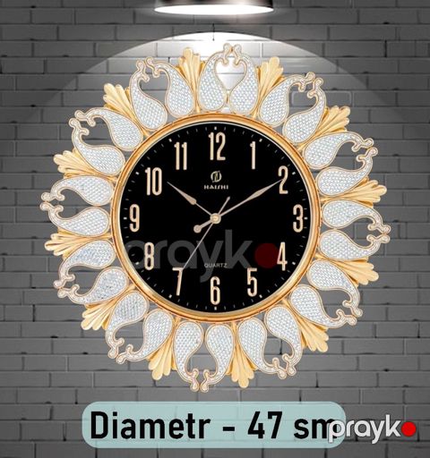 Divar saatı yumru 47x47 sm qızılı-qara kvars analoq ərəb rəqəmləri saniyə əqrəbi - FenExClock12n2 — Bakı