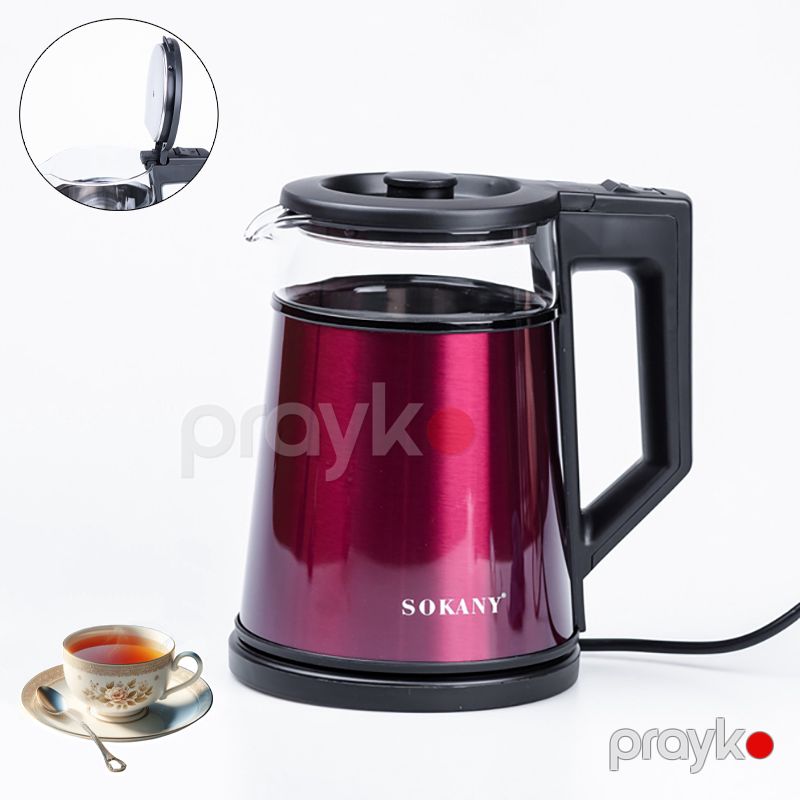 Elektrik Çaydanı Sokany SK-SH-1076 Qırmızı Rengli Termostat Nəzrətli Çaydan 2000 Vt Gücündə Paslanmayan Polad Şüşə Çaydan 1.7L — Elektrik çaydanları və termoslar, Bakı (3)