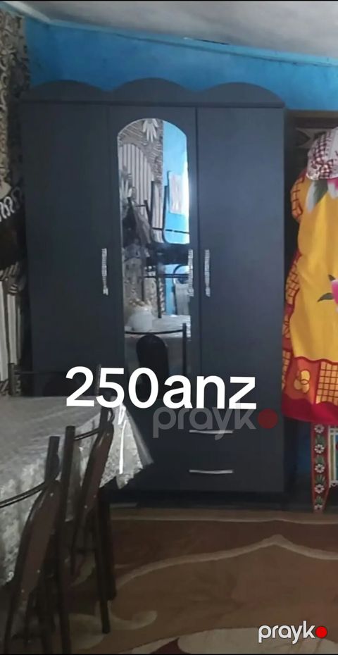 3 qapılı paltar dolabı: ortada tam boy güzgü, yanda asılqan — Ağdaş