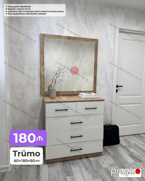 Trümo – 40×180×80 sm - Dizayn: Ayna çərçivəsi və üst tabla taxta — Bakı