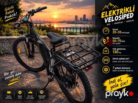 Yeni Elektrikli Velosiped – 25-35 km/saat, 50-70 km Məsafə, 130 kq Yük, Güclü Akkumulyator, 7 Pilləli Ötürücü, Geniş Baqaj — Bakı