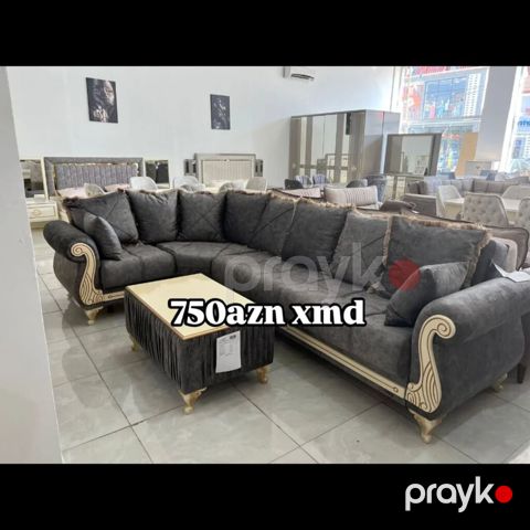 Künc divan dəsti – klassik dekorativ elementlərlə - Rəng: tünd boz — Sumqayıt