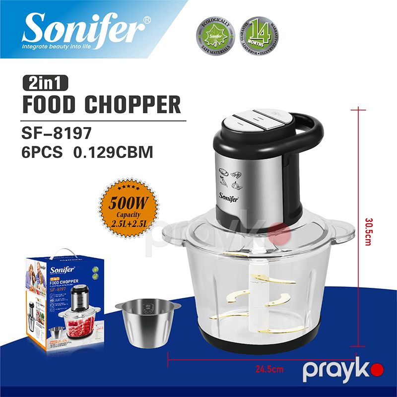 Sonifer SF-8197 2.5L İkiqat Qablı Qida Prosessoru 500W Şüşə + Paslanmayan Polad Qablı Doğrayıcı S-Bıçaq — Ev texnikası, Bakı (3)