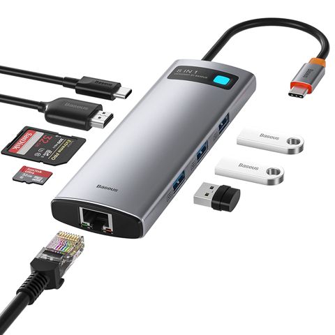 Baseus 8-in-1 USB C Hub Dok Metal Gleam Series 8-in-1 Type-C Gray RJ-45 SD C Adapter — Phones & Gadgets
