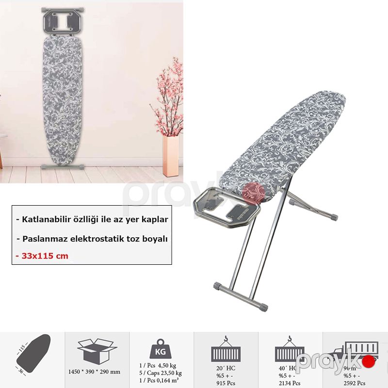 Cındy CM-038 Ütü Masası Boz Rengli Cingillioglu Cindy Ütü Masası 33x115 sm Gül Desenli Ütü Masası — Mallar, Bakı (5)