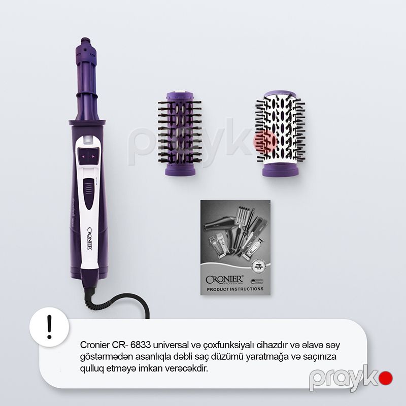 Fen Fırçası Cronier CR-6833 1000 W Gücündə Bənövşəyi Rengli Fırlanan Başlıqlı 3ü 1 Arada Fırça Başlıqlı Hava Feni — Fən, Bakı (5)