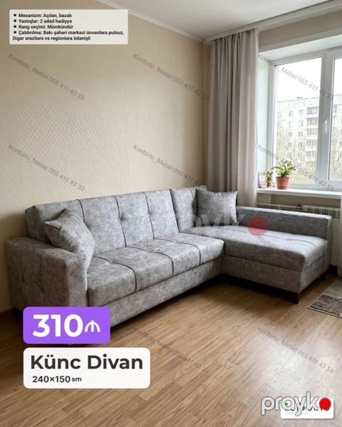 Künc divan – 240×150 sm - Funksional mexanizm: açılan, bazalı (əlavə — Bakı