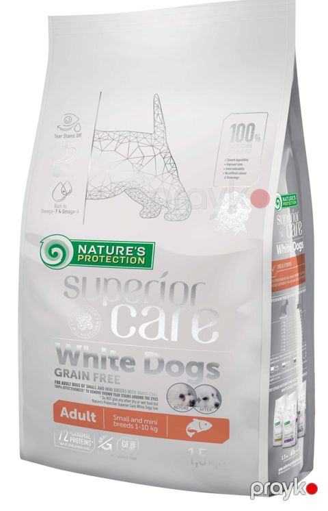 Taxılsız yem Natures Protection Superior Care White Dogs Adult Small, ağ rəngli xırda cins itlər üçün, qızılbalıq ilə, 1.5 kq — Bakı