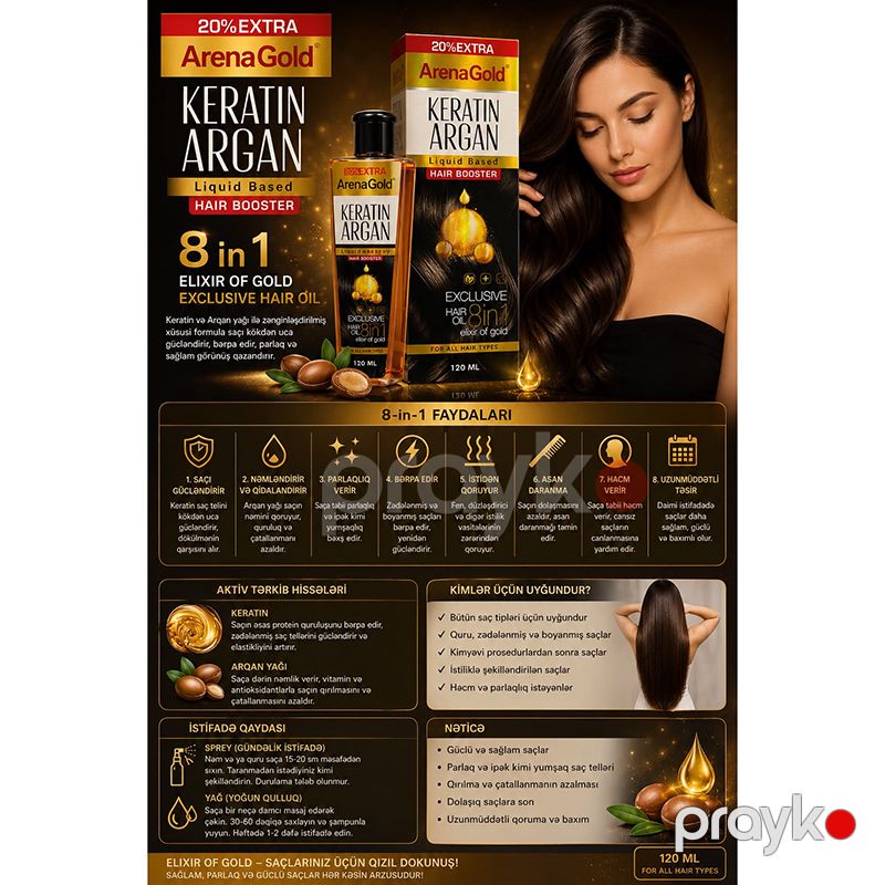 ArenaGold Keratin Argan Hair Booster 8 in 1 – Saç Baxım Yağı 120 ml — Saç qayığı, Bakı (2)