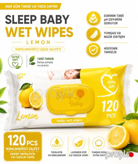 Nəm salfetlər uşaq üçün Sleepy Baby Lemon, 120 əd — Bakı