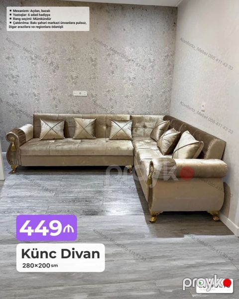 Künc Divan – 280×200 sm Mexanizm: açılan, bazalı (yataq funksiyası — Bakı