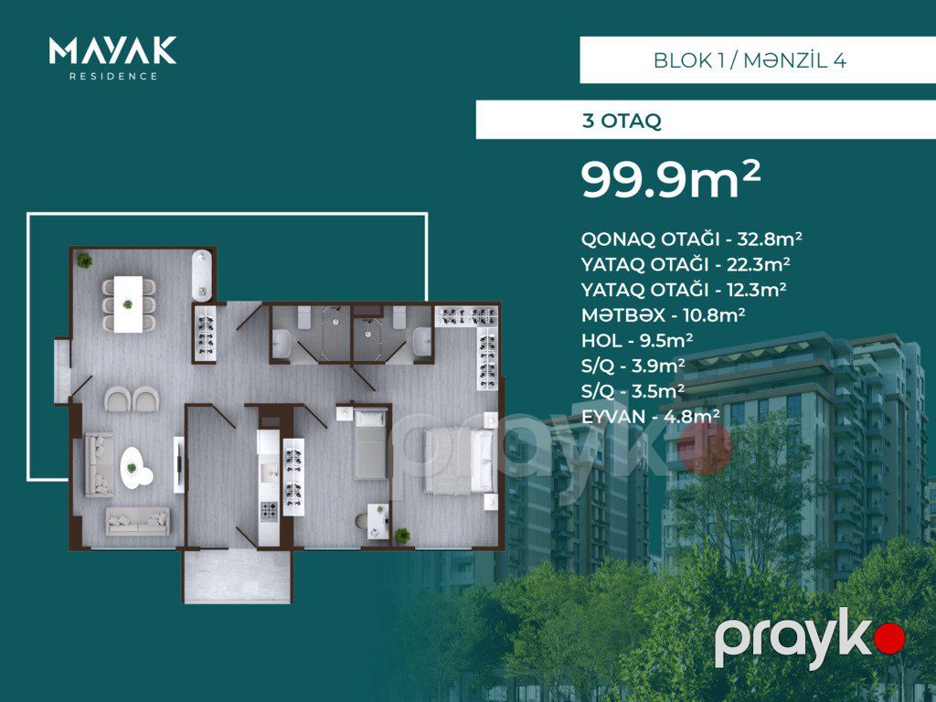 Satılır 3 otaqlı yeni tikili 99.9 m² — Mənzil, Bakı (2)