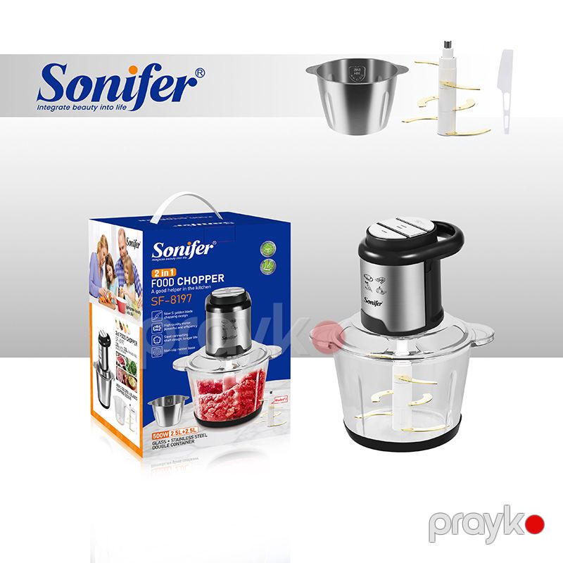 Sonifer SF-8197 2.5L İkiqat Qablı Qida Prosessoru 500W Şüşə + Paslanmayan Polad Qablı Doğrayıcı S-Bıçaq — Ev texnikası, Bakı (2)