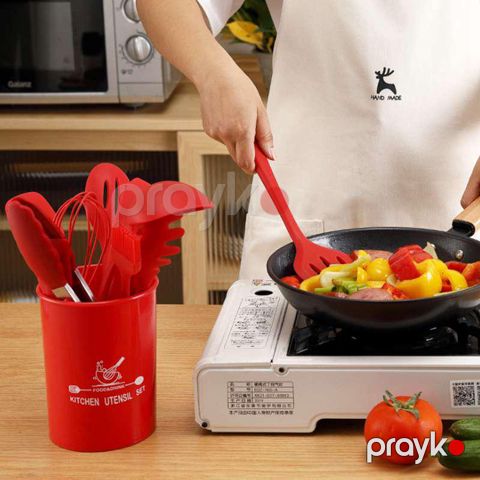 Silikon Mətbəx Əşyaları 10+1 Parça Dəst Rezin Tutacaqlı Yapışmaz Qaşıq Dəsti Bişirmək üçün Spatula Dəsti Mətbəx Əşyaları — Bakı
