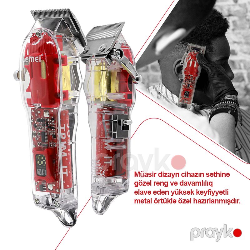 USB Sürətli Şarj Özəlliyinə Sahib Şəffaf Kemei Salon Saç Kəsmə Maşını Kişilər Üçün Peşəkar Şəffaf Trimmer Qırmızı — Usturalar, trimmerler və epilyatorlar, Bakı (3)