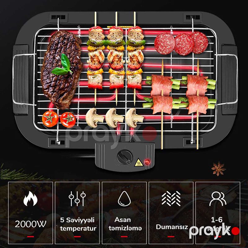 Sokany Elektrikli Qril Tüstüsüz Barbekü Maşını 5 Səviyyəli Temperatur Nəzarəti 2000W Elektrikli Manqal Qapalı Barbekü Masası — Soba və qrillər, Bakı (2)