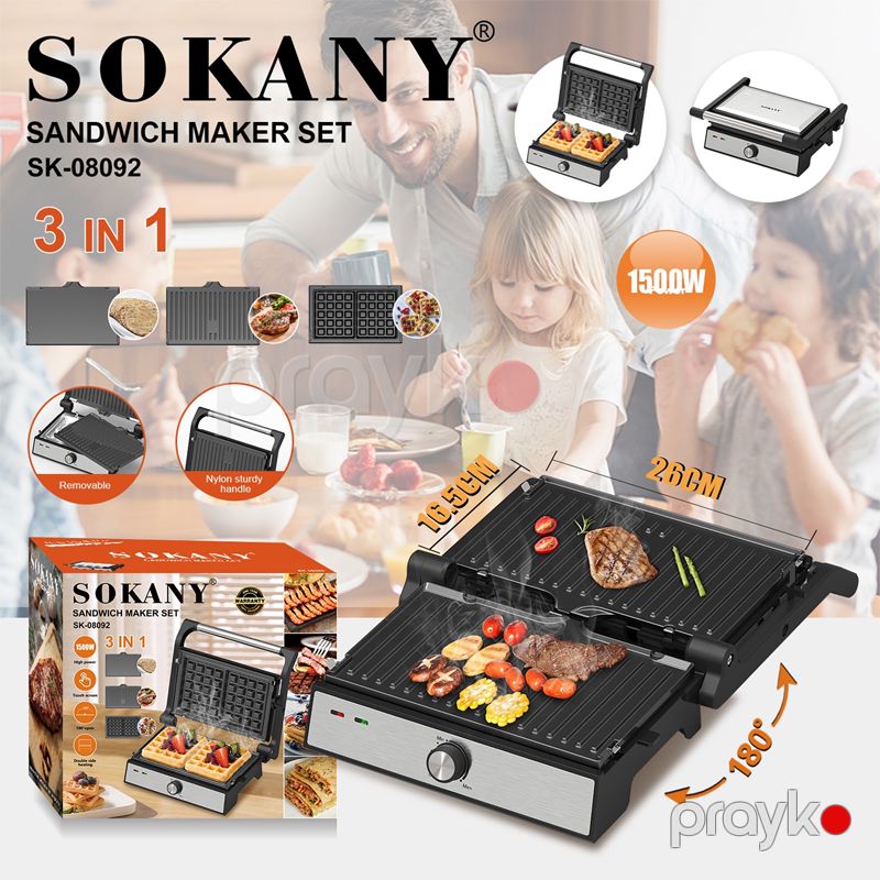 Sokany SK-08092 - 3-ü 1-də Elektrik qril Press Paslanmayan Polad Sendviç Hazırlayan Toster — Toster və vaflyasıcı, Bakı (5)