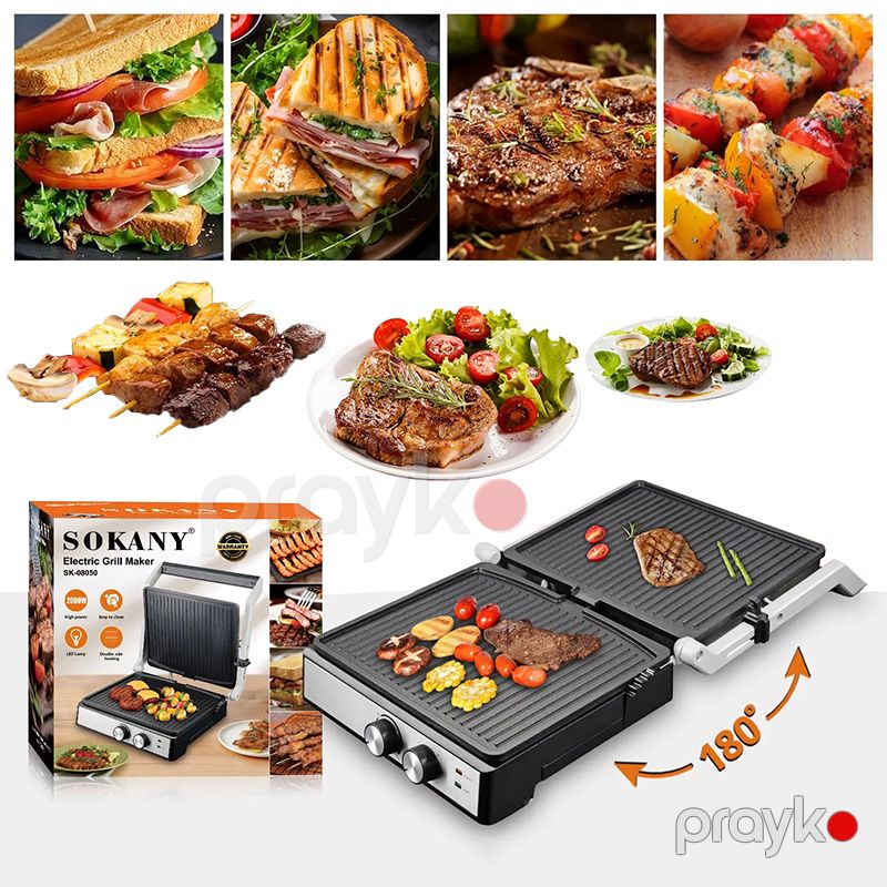 Sokany SK08050 Elektrikli Qril Kontaktlı Toster Açıq 180 Dərəcə Polad Qril Sendviç 2000W Yapışmayan Elektrik Qril Toster — Toster və vaflyasıcı, Bakı (3)