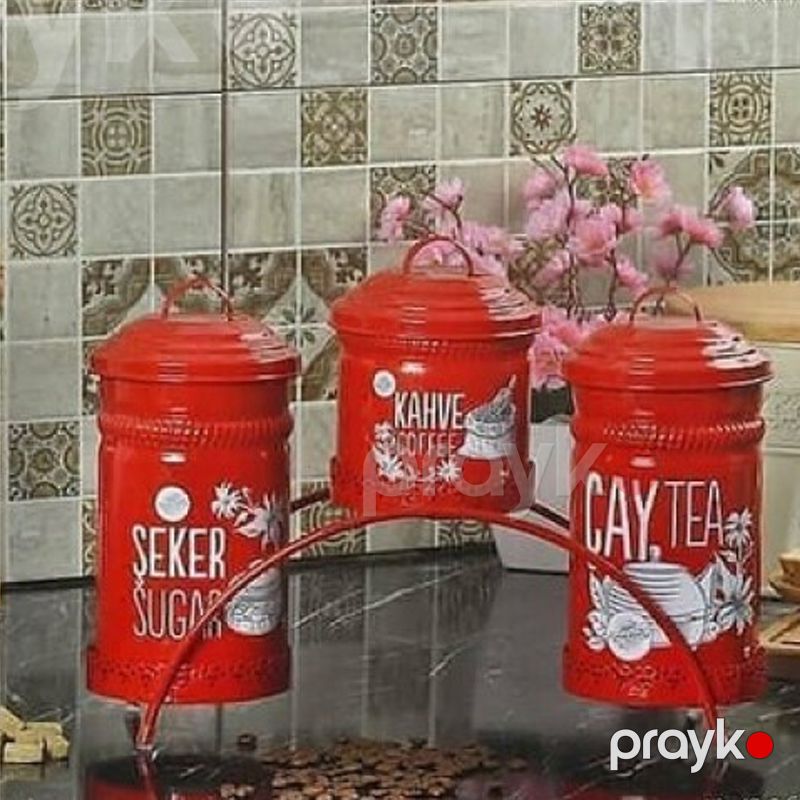 Dekorativ Çay, Şəkər və Qəhvə Saxlama Qabı Dəsti, Metal, Çəhrayı, Qara, Ağ, Qırmızı — Qablar və mətbəx əşyaları, Bakı (4)