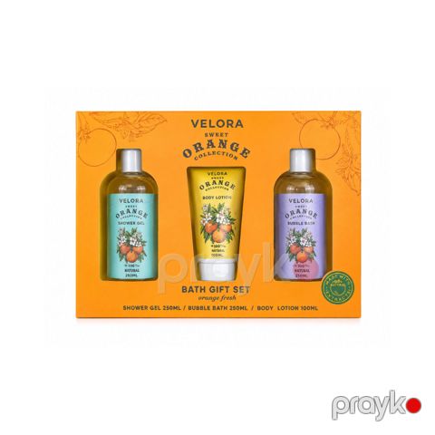 Bədən üçün kosmetika dəsti Velora Sweet Orange (duş geli 250 ml + bədən losyonu 250 ml + duş üçün köpük 100 ml) — Bakı