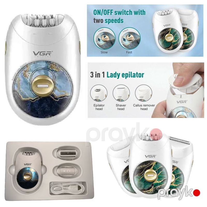VGR V-736 3 In 1 Epilator Quru Epilyasiya, Üz və Bədən üçün, Dəyişdirilə Bilən Başlıqlar, İki Sürət Rejimi — Usturalar, trimmerler və epilyatorlar, Bakı (3)