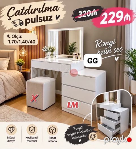 Vizaj masası və güzgü dəsti - Ölçülər: 170/140/40 sm - Rəng seçimi — Bakı