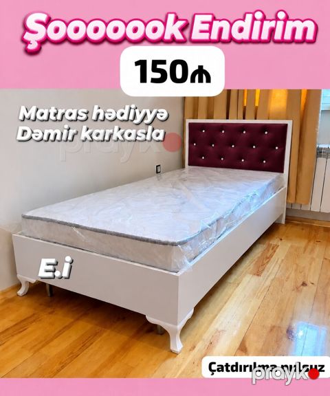 Tək nəfərlik çarpayı – dəmir karkaslı. Ağ gövdə, dekorativ oyma — Bakı