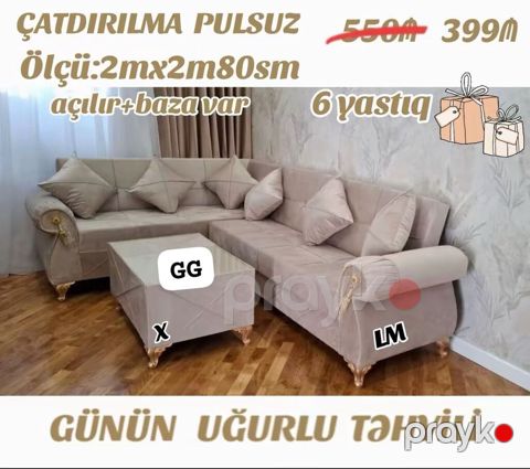Künc divan dəsti – açılır mexanizmli və bazalı - Ölçü: 2 m x 2 m 80 sm — Bakı