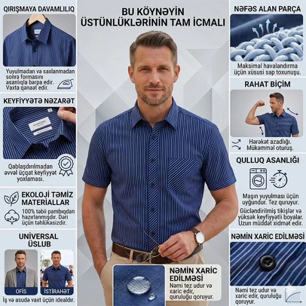 Kişi pambıq qırışmayan qısa qollu köynəyi. Klassik model — Kişi geyimi, Bakı (5)
