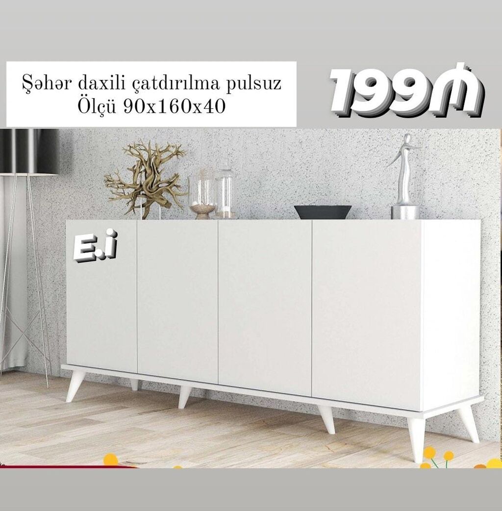 Ağ rəngdə, minimalist dizaynlı komod/TV altlığı - Ölçü: 90 x 160 x — Televizor altlıqları və standlar, Bakı