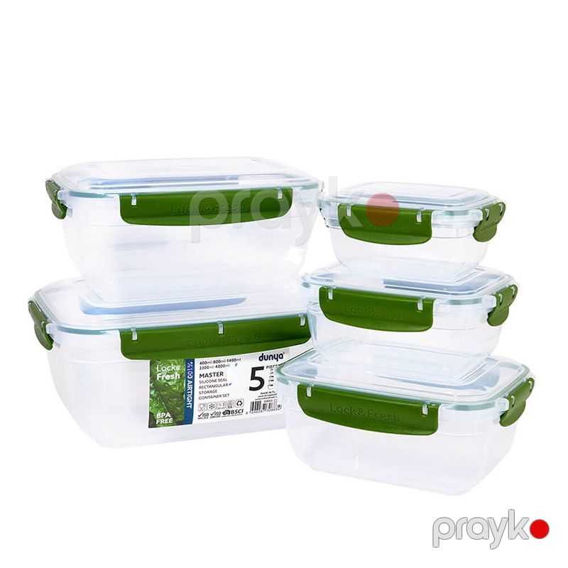 Dunya Lock & Fresh 5li Saxlama Qabı Plastik Böyük Qida Saxlama Konterneri 5 Parça Düzbucaqlı Qida Saxlama Qabı Dəsti — Qablar və mətbəx əşyaları, Bakı (2)