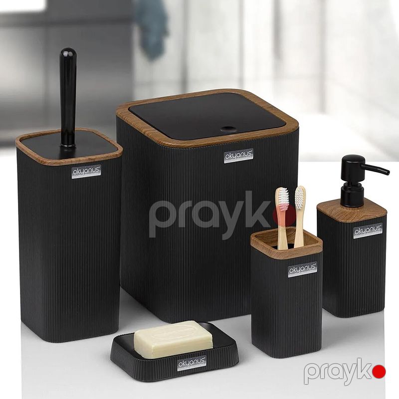 Okyanus Qara Taxta Naxışlı Zolaqlı Kvadrat 5 Parçalı Hamam Dəsti — Mallar, Bakı (4)