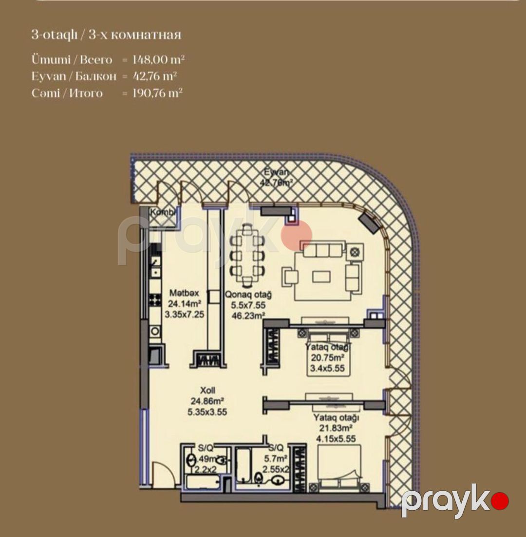 Satılır 3 otaqlı yeni tikili 187 m² — Mənzil, Bakı (4)