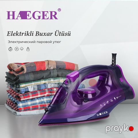 Paltar üçün Haeger Buxar Ütüsü Yüksək Keyfiyyətli Dəqiq Termostatlı Buxarlı Ütü Seramik Altlıq Üç Dişli 2200W Güc — Bakı