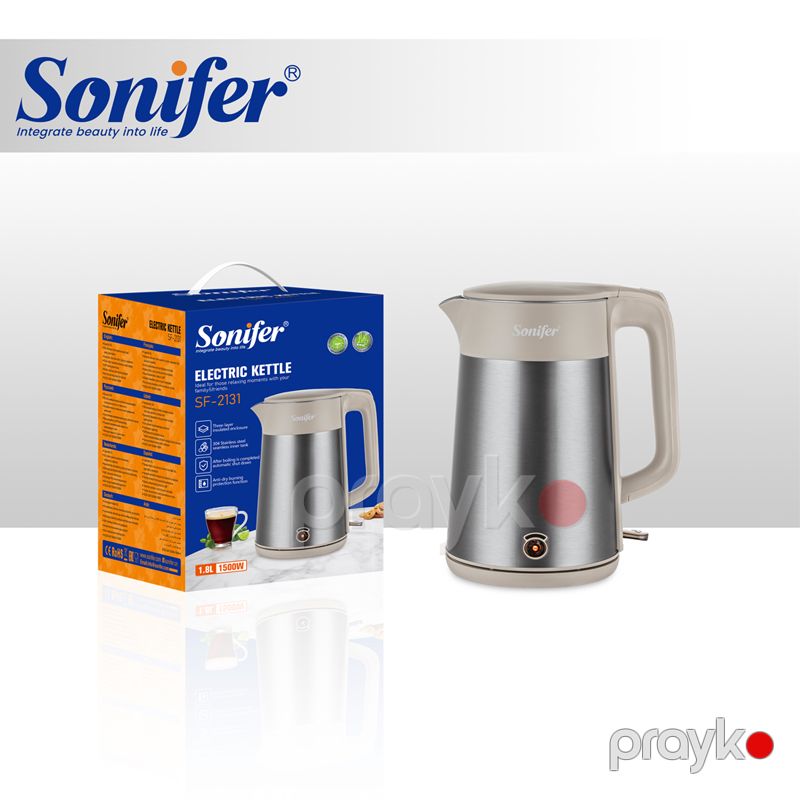 Sonifer SF-2131 - 1500W Ev Elektrikli Çaydan Paslanmayan Polad 1.8L Üçqat İzolyasiyalı Qurumaya Qarşı Portativ Məişət İstifadə üçün — Elektrik çaydanları və termoslar, Bakı (2)