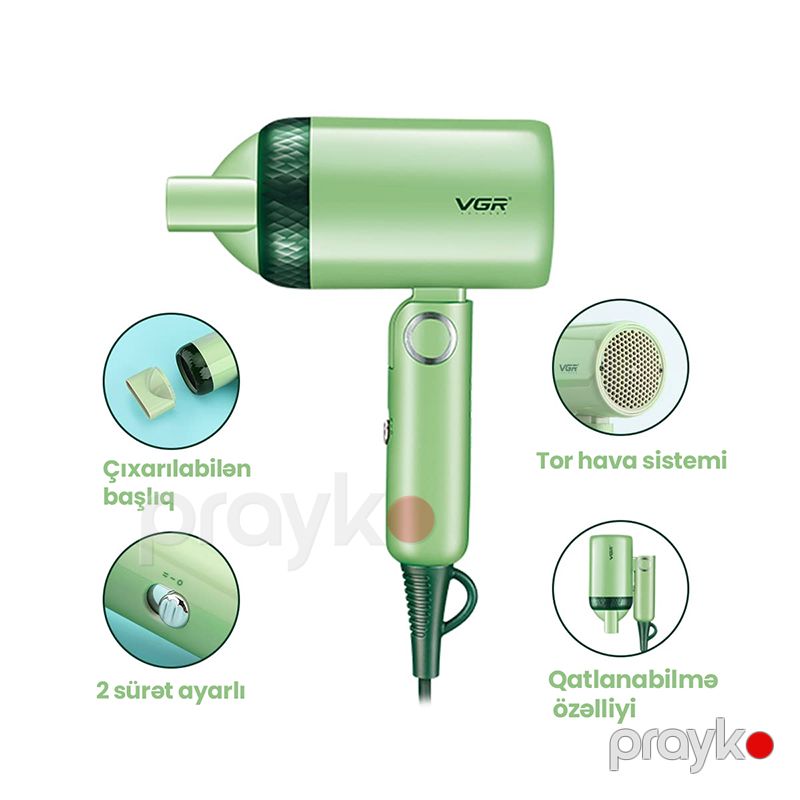 VGR V-421 Professional Qatlana Bilən Portativ Fen 1200W DC Motor 2 Sürətli Saç Qurutma Feni Yaşıl Rengli — Fən, Bakı (6)