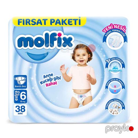 Molfix 3D 6 Beden Extra Large Bebek Bezi 38'li Extra Large Süper Molfix Uşaq Bezi N6 — Bakı