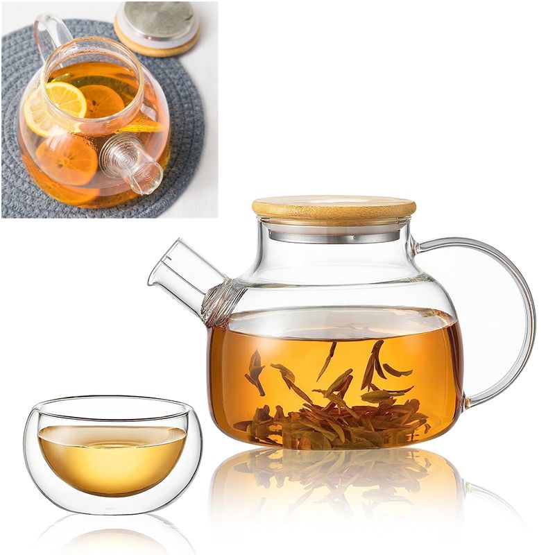 Borosilikat Şüşə Çaynik 1L Süzgəcli Taxta Qapaqlı Şüşə Çaynik 1000ml Təhlükəsiz Şəffaf Çaynik — Çaynikler və qəhvə qabları, Bakı (2)