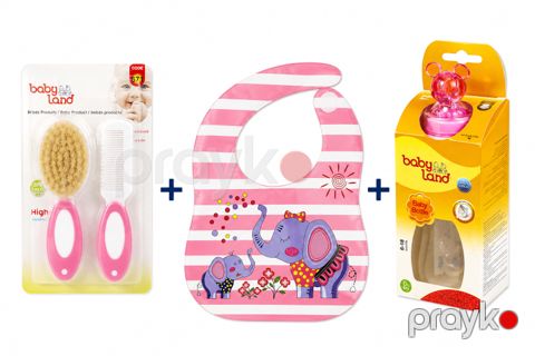 Uşaq üçün qulluq dəsti Baby Land Pink (daraq dəsti 2 əd + qidalanma qabı 240 ml + önlük) — Bakı