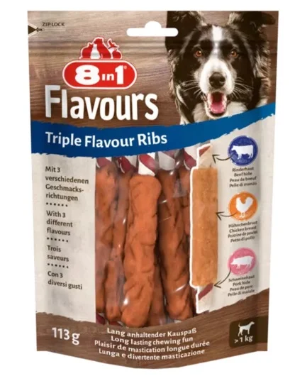 8in1 Flavours Triple Flavour Ribs, itlər üçün toyuq, donuz və mal əti ilə şirniyyat, 113 q — Bakı