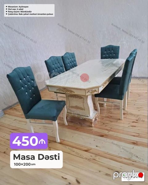Masa Dəsti – 100×200 sm Komplekt: 1 ədəd böyük masa + 6 ədəd stul — Bakı