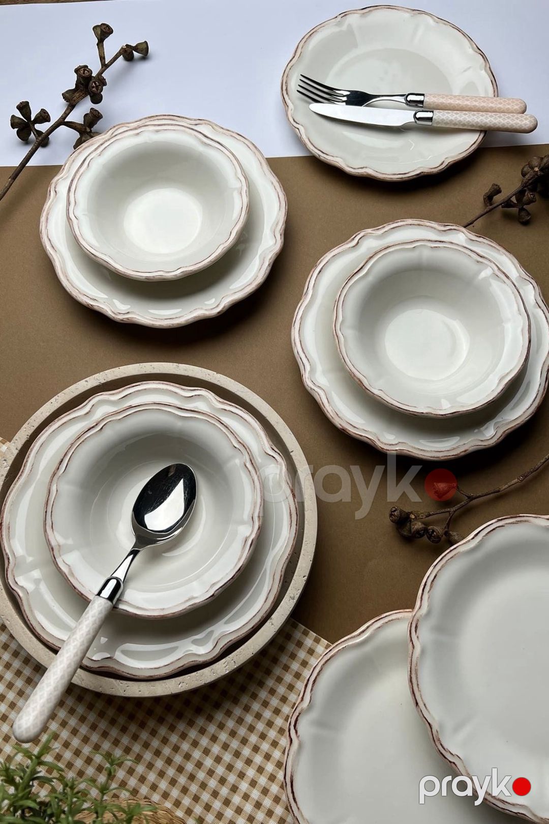 Yemək dəsti Stoneware Antik, 24 parça, 6 nəfərlik, keramika, bej — Mallar, Bakı (3)