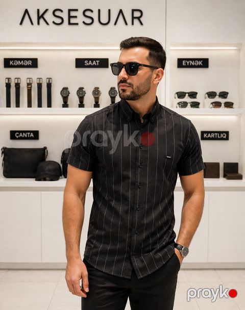 Kişilər üçün qısaqol köynək 95797247, qara, kətan, ölçü S — Bakı
