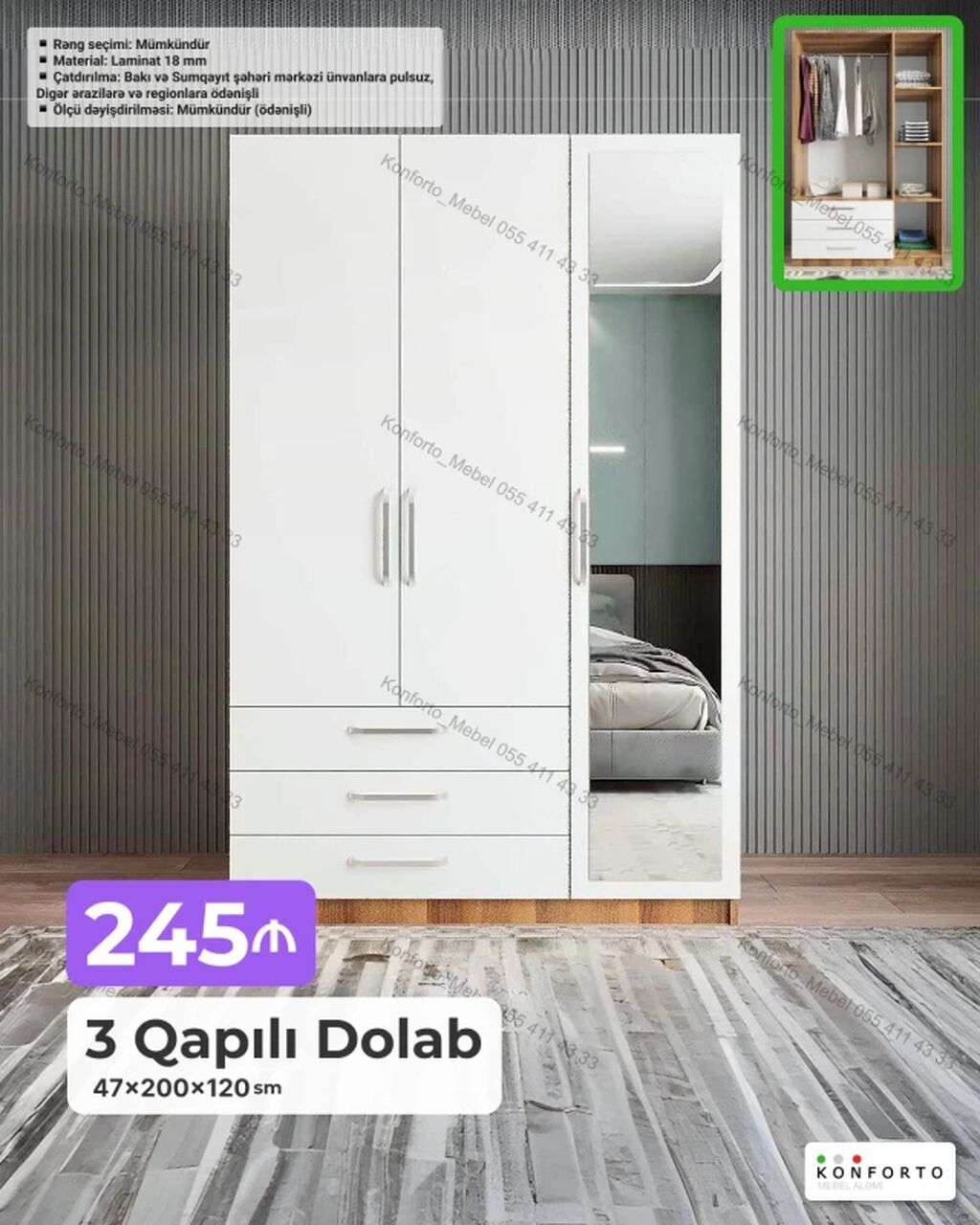 3 qapılı geyim dolabı - Ölçü: 47 200 120 sm - Material: 18 mm — Şkaflar, Bakı
